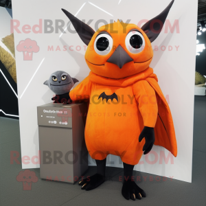 Orange Fruit Bat mascot costume character dressed with a Turtleneck and Messenger bags