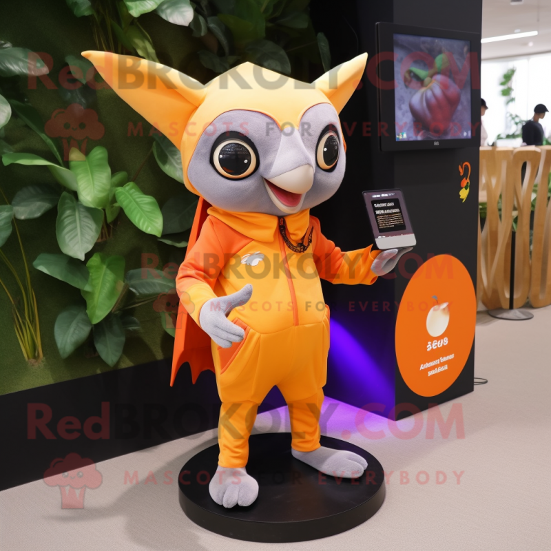 Orange Fruit Bat mascot costume character dressed with a Turtleneck and Messenger bags