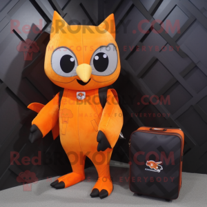 Orange Fruit Bat mascot costume character dressed with a Turtleneck and Messenger bags