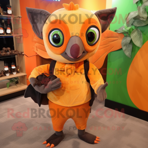 Orange Fruit Bat mascot costume character dressed with a Turtleneck and Messenger bags