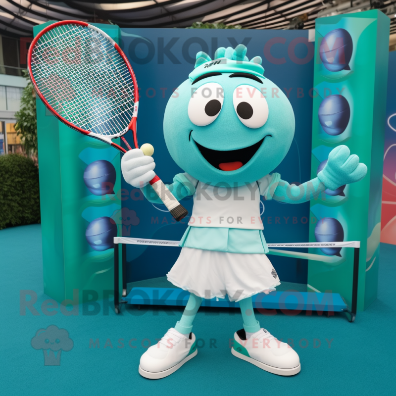 Teal Tennis Racket mascot costume character dressed with a Blouse and Cufflinks Teal Tennis Racket mascot costume character dressed with a Blouse and Cufflinks