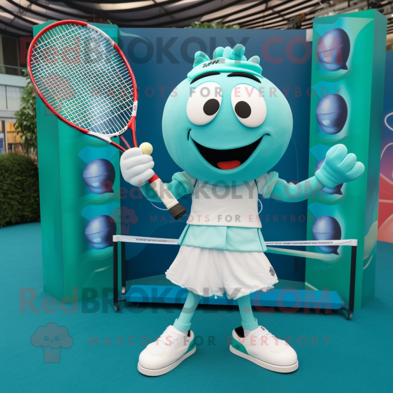 Teal Tennis Racket mascot costume character dressed with a Blouse and Cufflinks