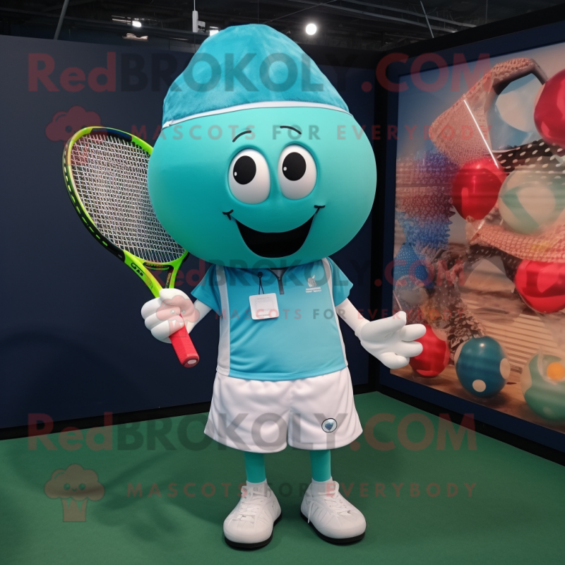 Teal Tennis Racket mascot costume character dressed with a Blouse and Cufflinks Teal Tennis Racket mascot costume character dressed with a Blouse and Cufflinks