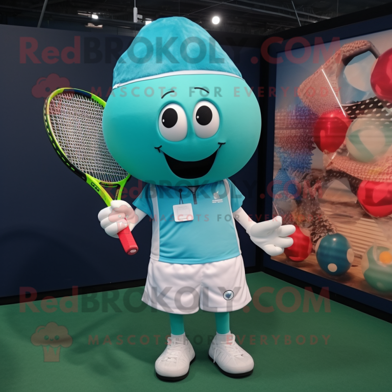 Teal Tennis Racket mascot costume character dressed with a Blouse and Cufflinks