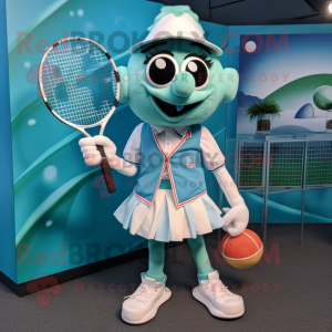 Teal Tennis Racket mascot costume character dressed with a Blouse and Cufflinks
