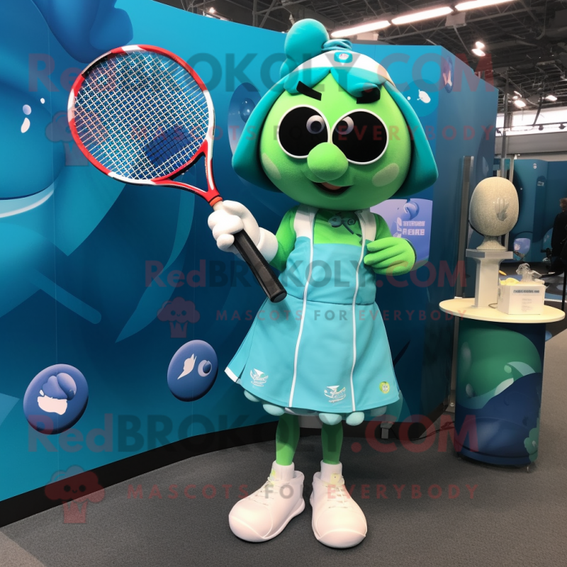 Teal Tennis Racket mascot costume character dressed with a Blouse and Cufflinks