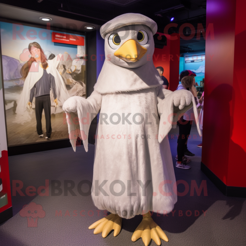 Silver Albatross mascot costume character dressed with a Empire Waist Dress and Beanies