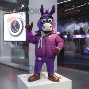 Purple Reindeer mascot costume character dressed with a Parka and Smartwatches