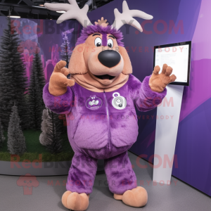 Purple Reindeer mascot costume character dressed with a Parka and Smartwatches