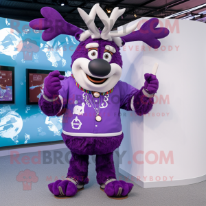 Purple Reindeer mascot costume character dressed with a Parka and Smartwatches