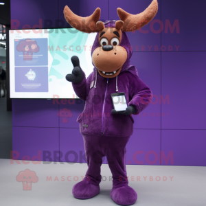Purple Reindeer mascot costume character dressed with a Parka and Smartwatches