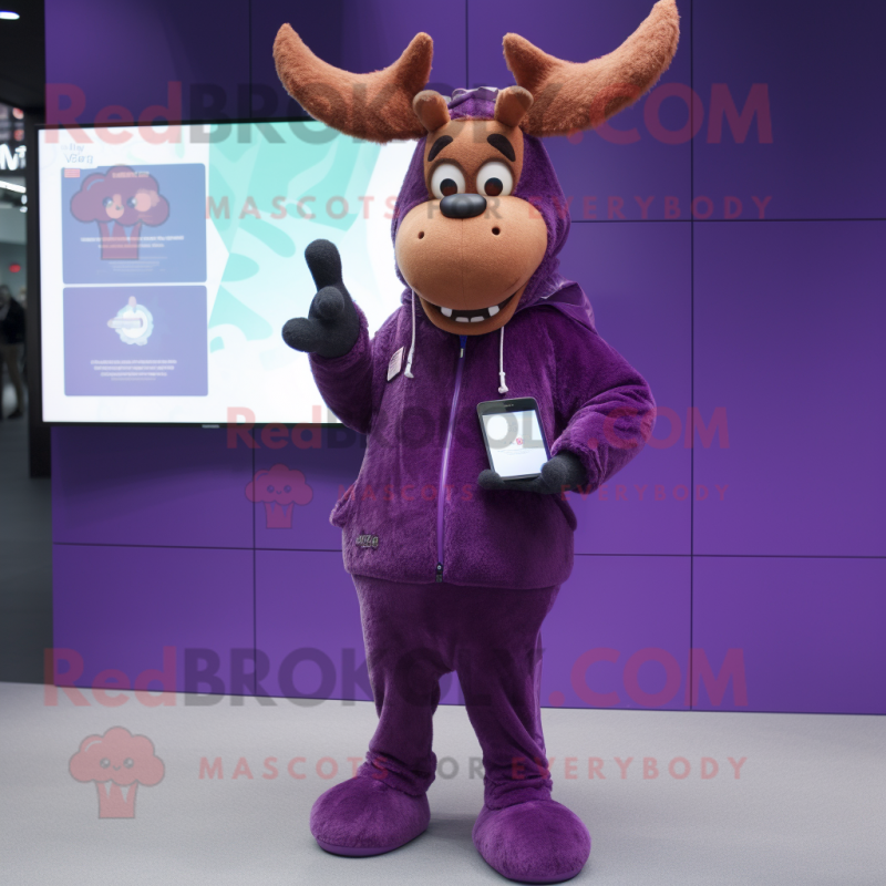 Purple Reindeer mascot costume character dressed with a Parka and Smartwatches Purple Reindeer mascot costume character dressed with a Parka and Smartwatches
