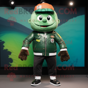 Forest Green Steak mascot costume character dressed with a Bomber Jacket and Beanies