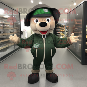 Forest Green Steak mascot costume character dressed with a Bomber Jacket and Beanies