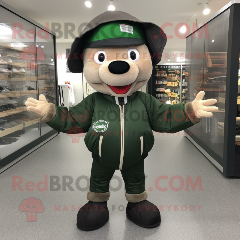 Forest Green Steak mascot costume character dressed with a Bomber Jacket and Beanies Forest Green Steak mascot costume character dressed with a Bomber Jacket and Beanies