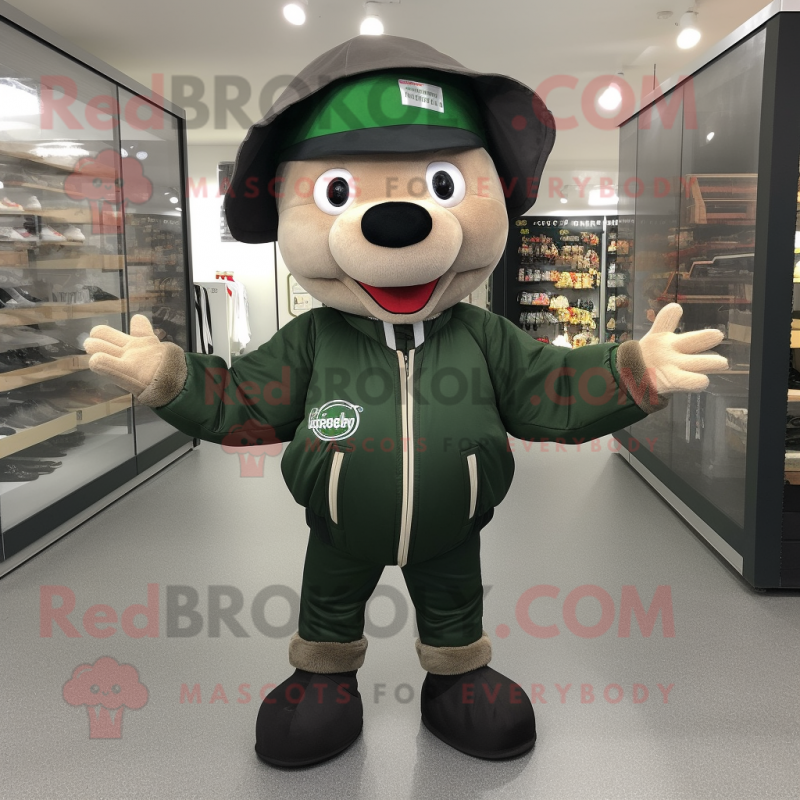 Forest Green Steak mascot costume character dressed with a Bomber Jacket and Beanies