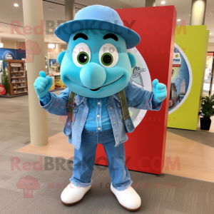 Cyan Gyro mascot costume character dressed with a Chambray Shirt and Shoe clips