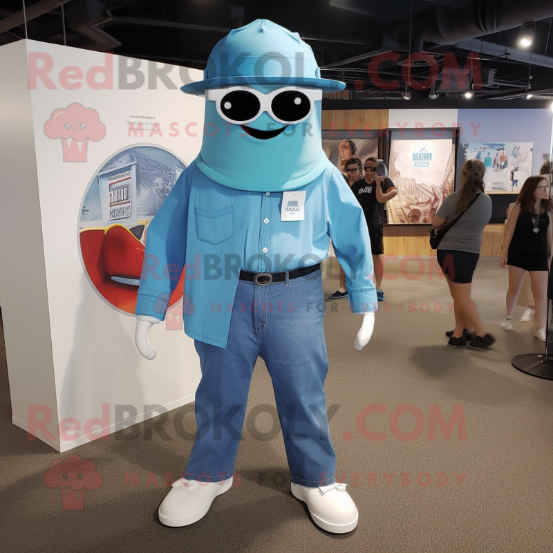 Cyan Gyro mascot costume character dressed with a Chambray Shirt and Shoe clips