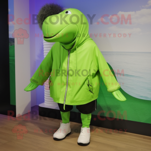 Lime Green Humpback Whale mascot costume character dressed with a Jacket and Shoe clips