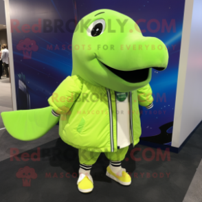 Lime Green Humpback Whale mascot costume character dressed with a Jacket and Shoe clips