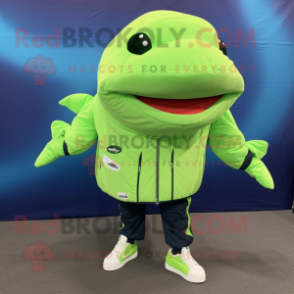 Lime Green Humpback Whale mascot costume character dressed with a Jacket and Shoe clips