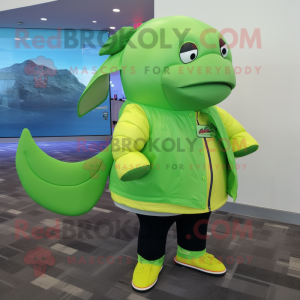 Lime Green Humpback Whale mascot costume character dressed with a Jacket and Shoe clips