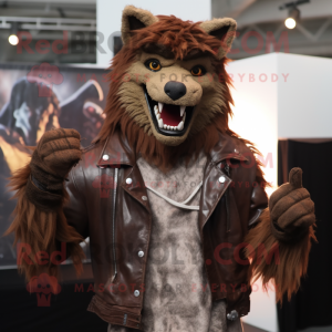 Brown Werewolf mascot costume character dressed with a Leather Jacket and Shawl pins