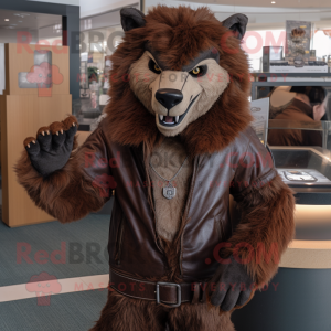 Brown Werewolf mascot costume character dressed with a Leather Jacket and Shawl pins