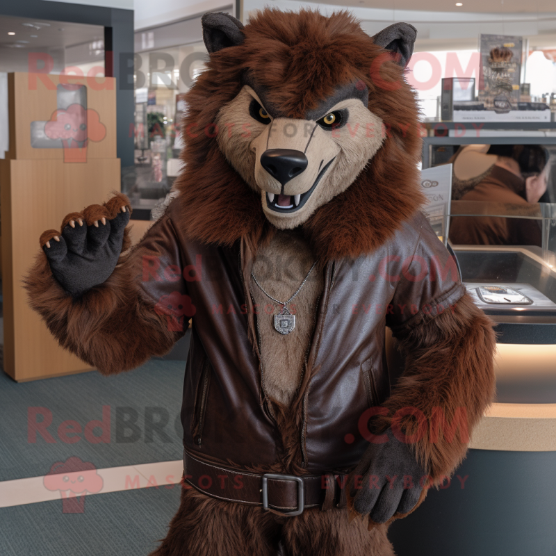 Brown Werewolf mascot costume character dressed with a Leather Jacket and Shawl pins Brown Werewolf mascot costume character dressed with a Leather Jacket and Shawl pins