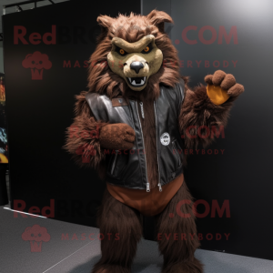 Brown Werewolf mascot costume character dressed with a Leather Jacket and Shawl pins