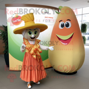 Peach Fajitas mascot costume character dressed with a Maxi Skirt and Watches