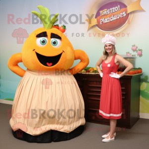 Peach Fajitas mascot costume character dressed with a Maxi Skirt and Watches