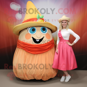 Peach Fajitas mascot costume character dressed with a Maxi Skirt and Watches