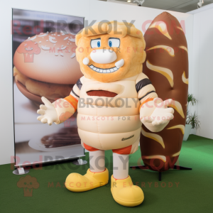 Cream Hamburger mascot costume character dressed with a Rugby Shirt and Wraps