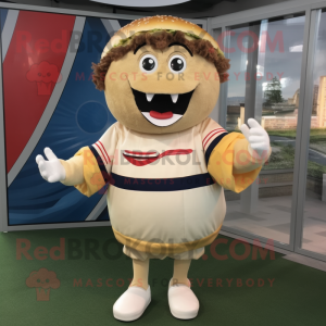 Cream Hamburger mascot costume character dressed with a Rugby Shirt and Wraps