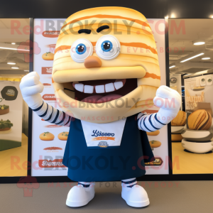 Cream Hamburger mascot costume character dressed with a Rugby Shirt and Wraps