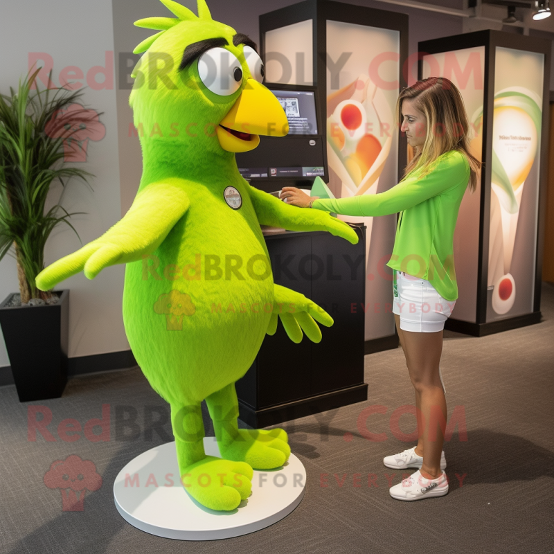 Lime Green Hawk mascot costume character dressed with a Shift Dress and Watches