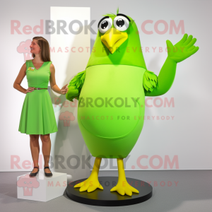 Lime Green Hawk mascot costume character dressed with a Shift Dress and Watches