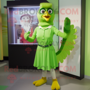 Lime Green Hawk mascot costume character dressed with a Shift Dress and Watches