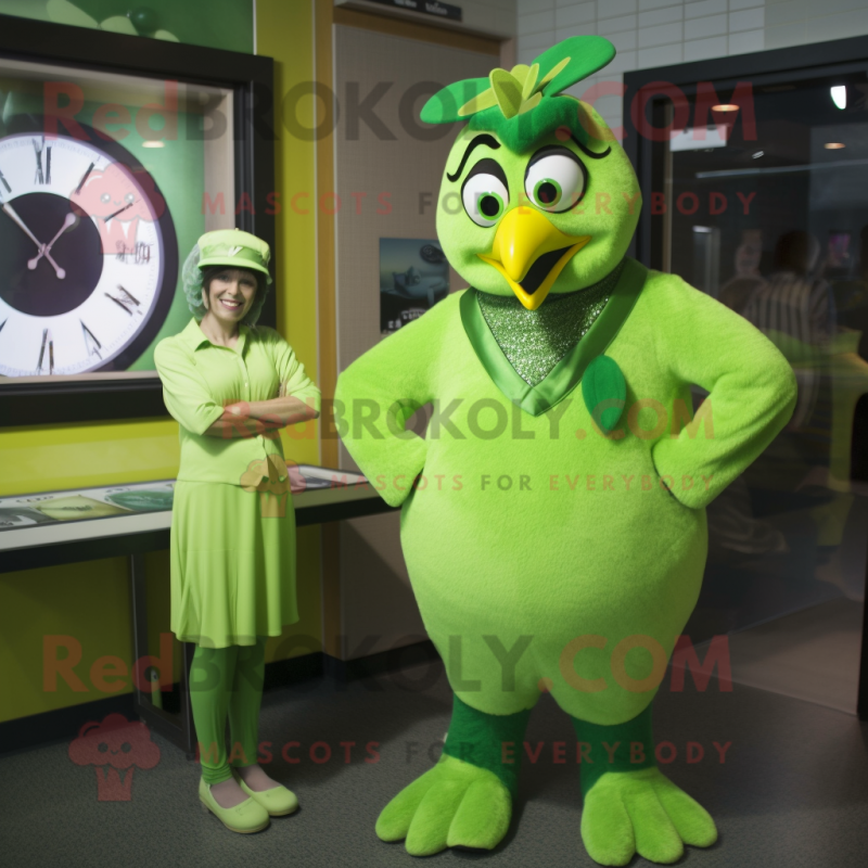 Lime Green Hawk mascot costume character dressed with a Shift Dress and Watches
