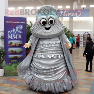 Silver Tacos mascot costume character dressed with a Maxi Dress and Reading glasses