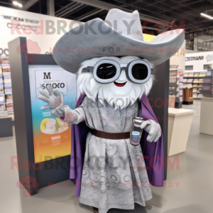 Silver Tacos mascot costume character dressed with a Maxi Dress and Reading glasses