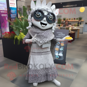 Silver Tacos mascot costume character dressed with a Maxi Dress and Reading glasses