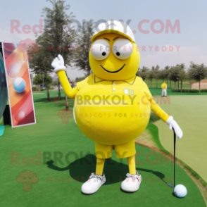 Lemon Yellow Golf Ball mascot costume character dressed with a Boyfriend Jeans and Hairpins
