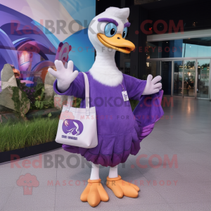 Purple Swan mascot costume character dressed with a T-Shirt and Handbags