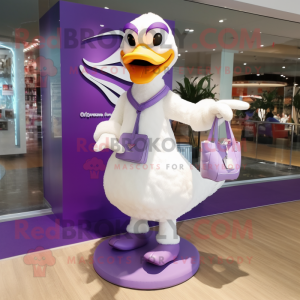 Purple Swan mascot costume character dressed with a T-Shirt and Handbags