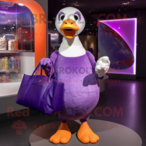 Purple Swan mascot costume character dressed with a T-Shirt and Handbags