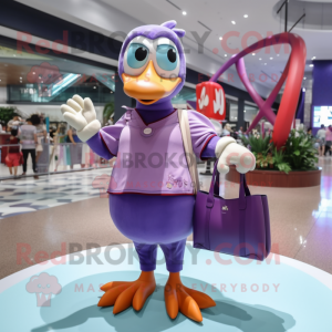 Purple Swan mascot costume character dressed with a T-Shirt and Handbags