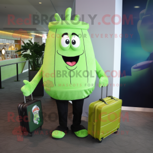 Lime Green French Fries mascot costume character dressed with a Henley Shirt and Briefcases