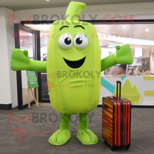 Lime Green French Fries mascot costume character dressed with a Henley Shirt and Briefcases